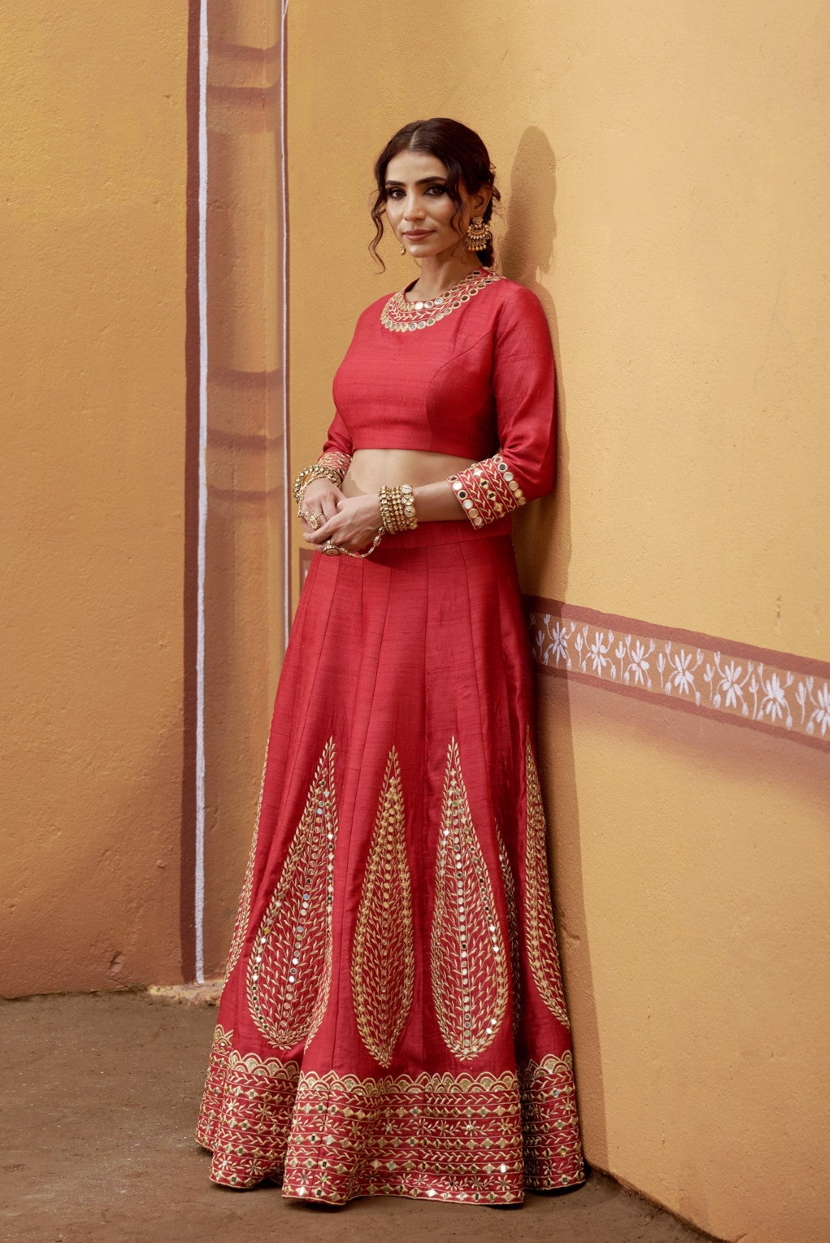 Kalidar red hand embroidered lehenga with blouse and dupatta image 4