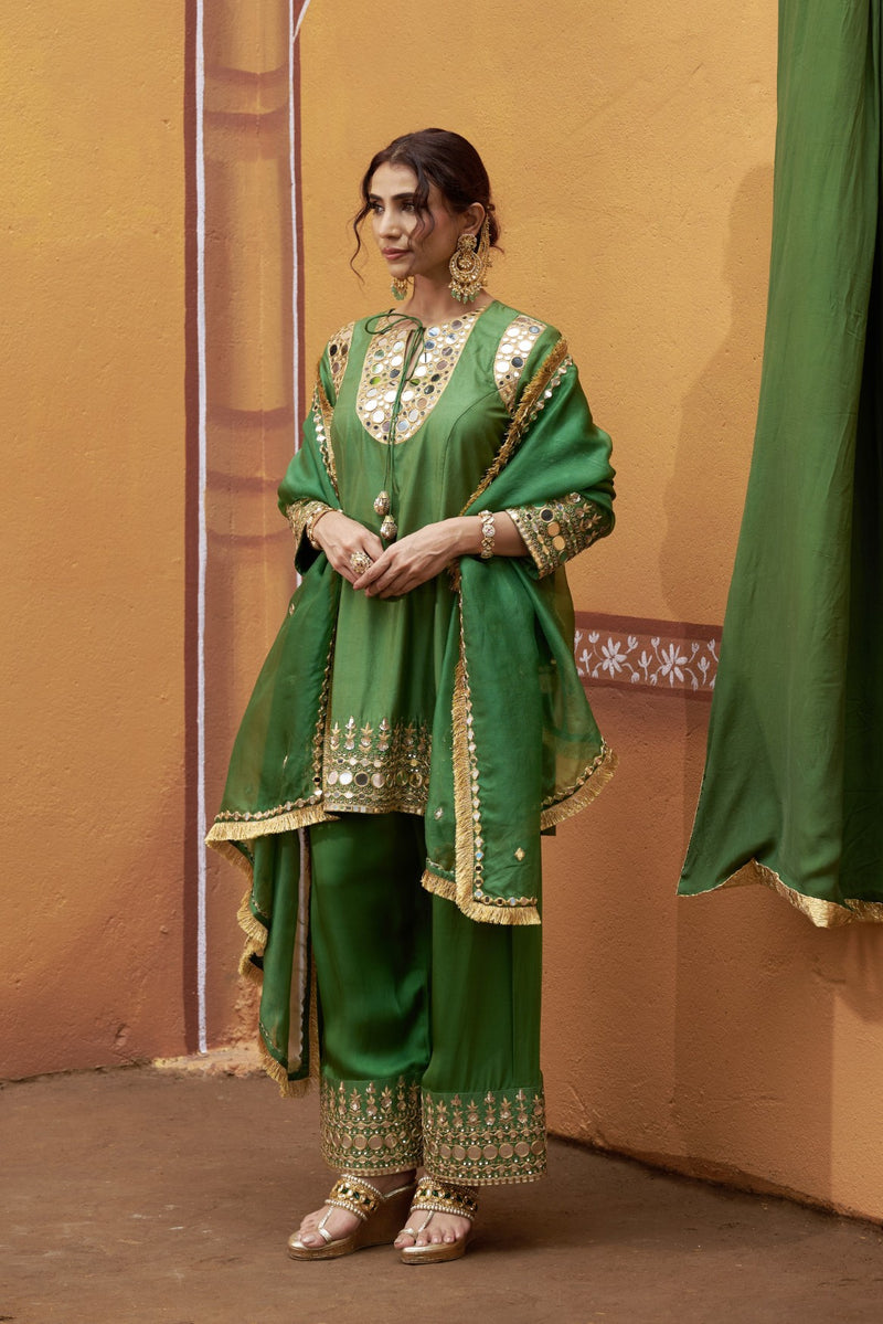 Mirror work hand embroidery green kurta set image 7