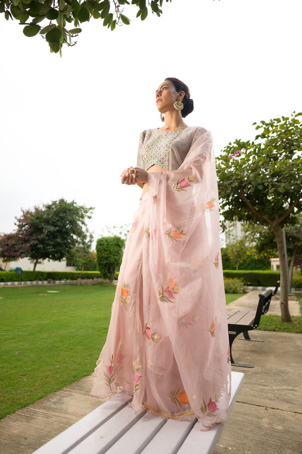 Embroidered blouse with organza lehenga, dupatta image 4