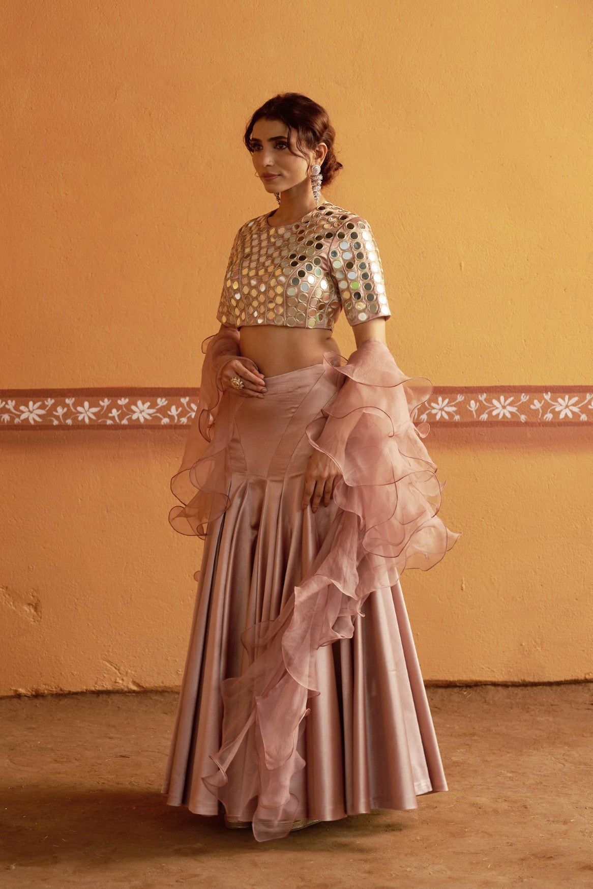 Hand-Embroidered Mirror Work Blouse with Blush Pink Kalidar Lehenga &amp; Ruffle Dupatta image 6