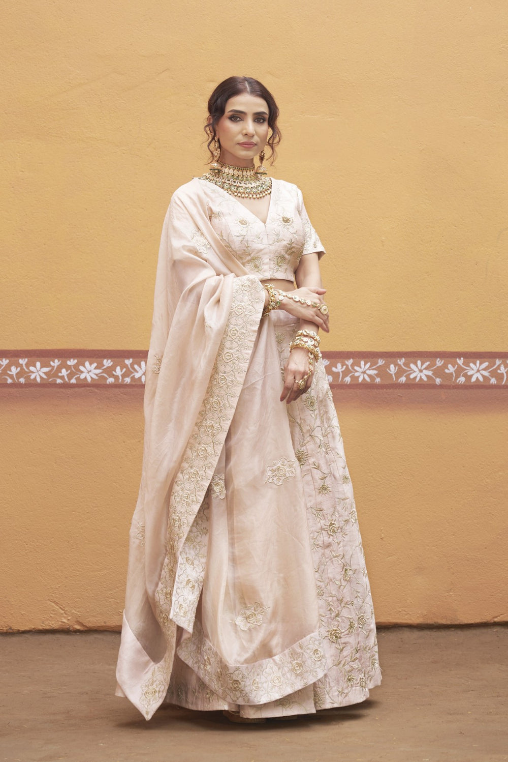 Ivory gold jaal work fully embroidered lehenga with blouse and dupatta image 6