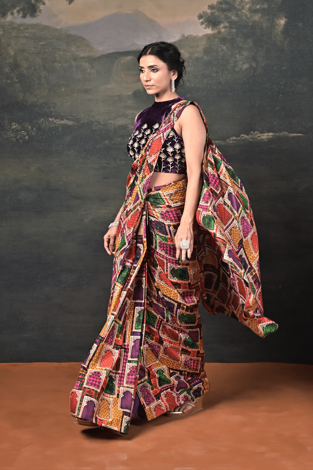 Hand-Embroidered Halter Neck Velvet Blouse with Pure Silk Jharokha Pre-Draped Saree image 3