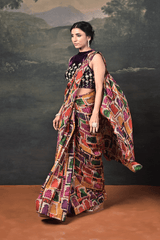 Hand-Embroidered Halter Neck Velvet Blouse with Pure Silk Jharokha Pre-Draped Saree image 3