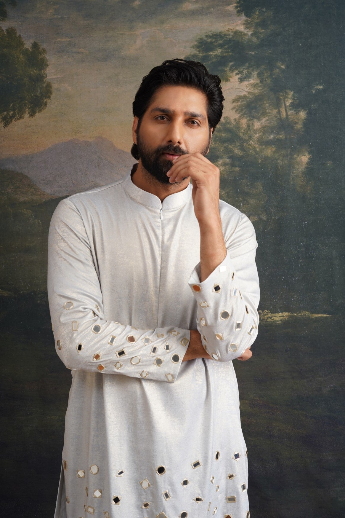 Silver ash Hand-Embroidered Mirror Work Kurta Set image 3