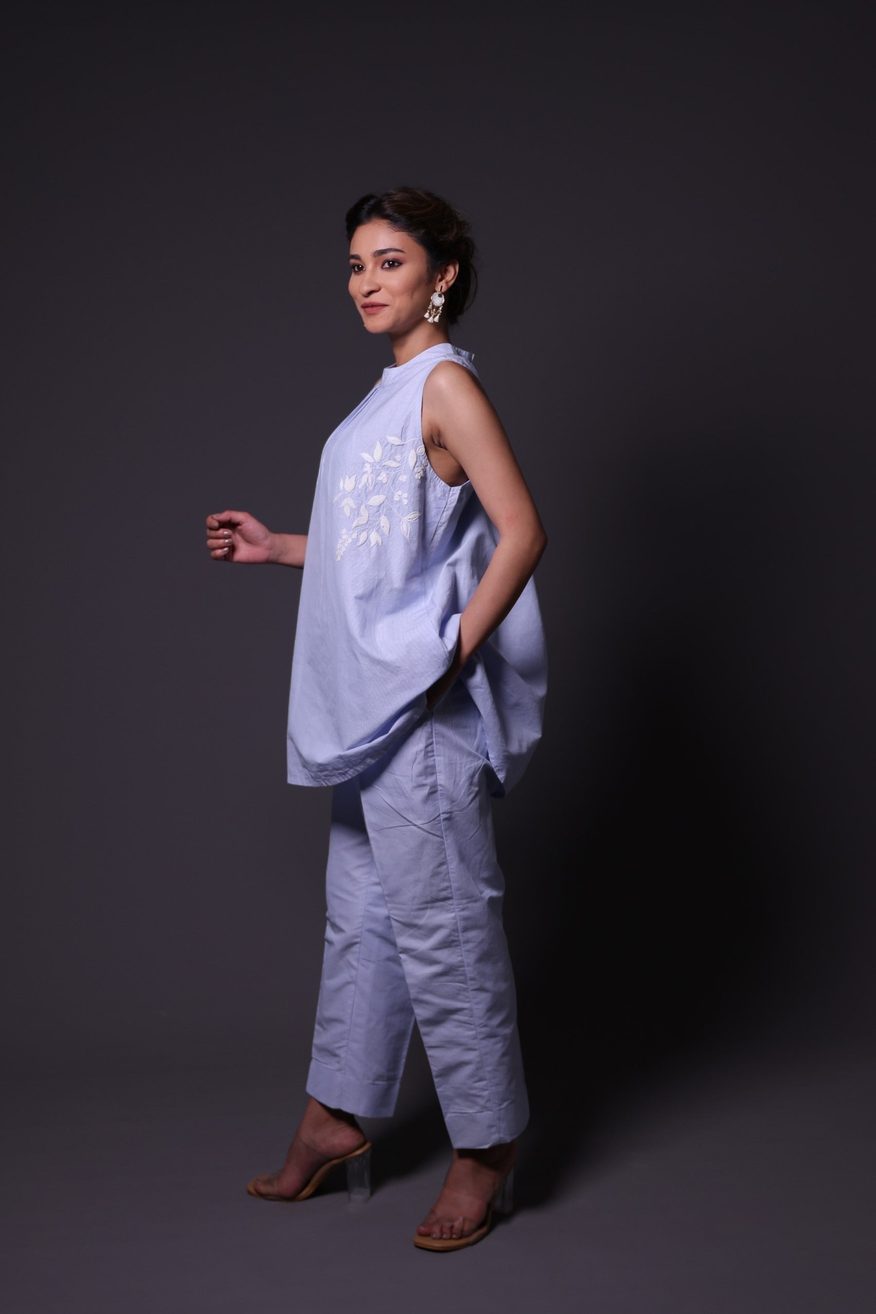 Blue and White Stripes Coord Set with Embroidery image 3