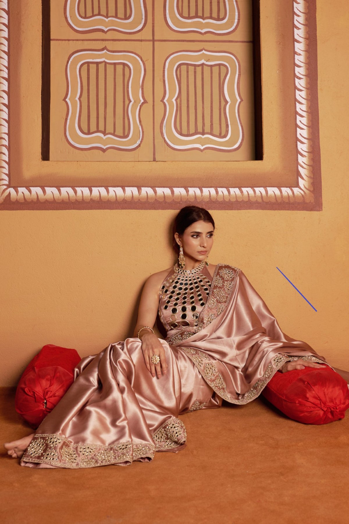 Aabha - Beige & Gold Sun Ray Mirror Work Hand-Embroidered Saree Set