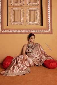 Aabha - Beige & Gold Sun Ray Mirror Work Hand-Embroidered Saree Set