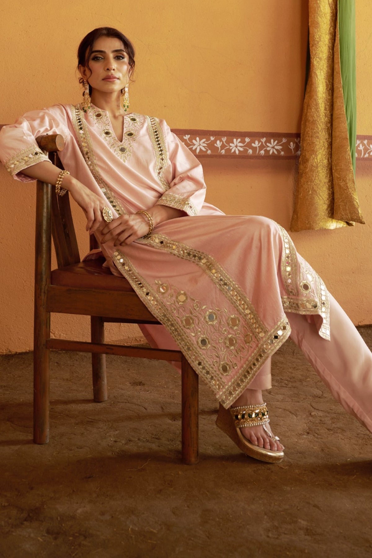 Aabha Antique Gold Embroidered A-Line Kurta Set