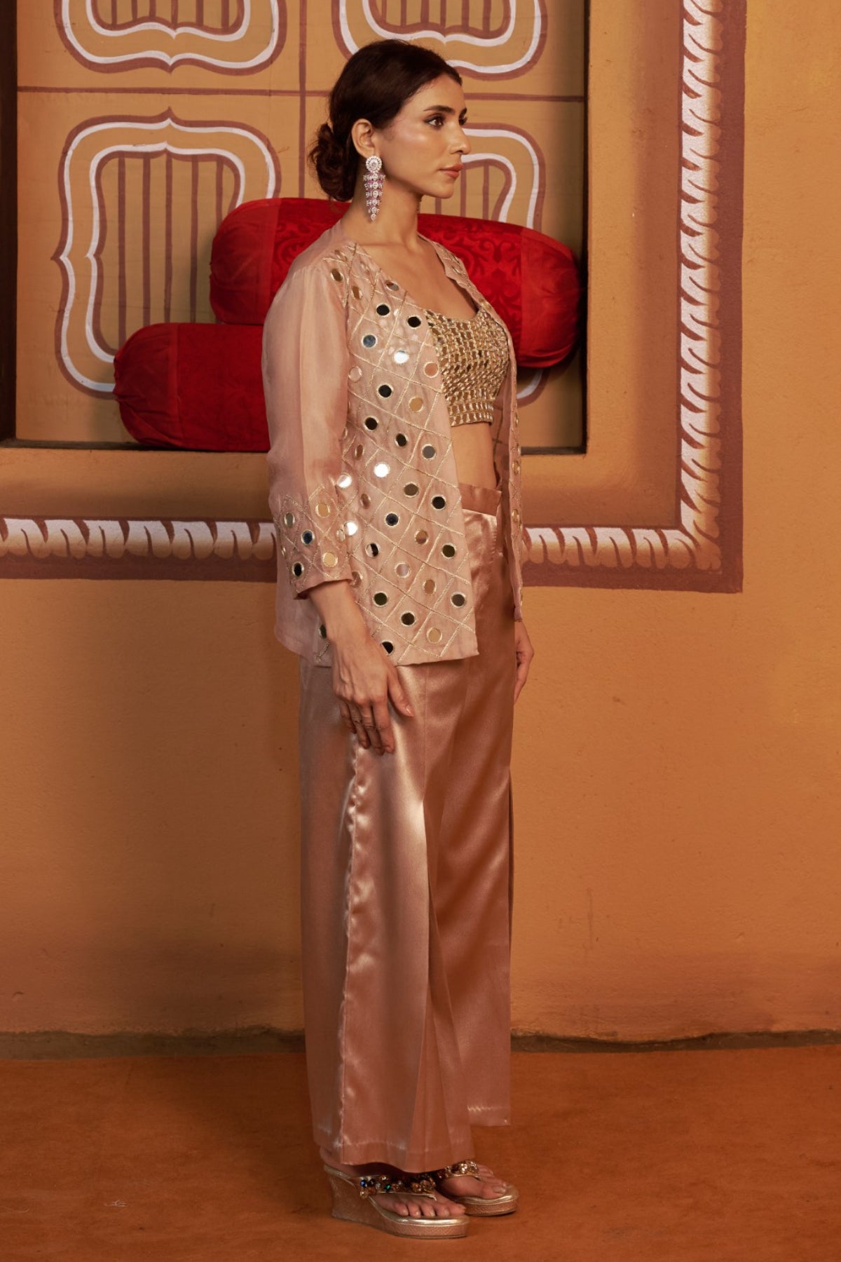 Aabhran Mirror Work Embroidered Jacket With Pleated Pant Set