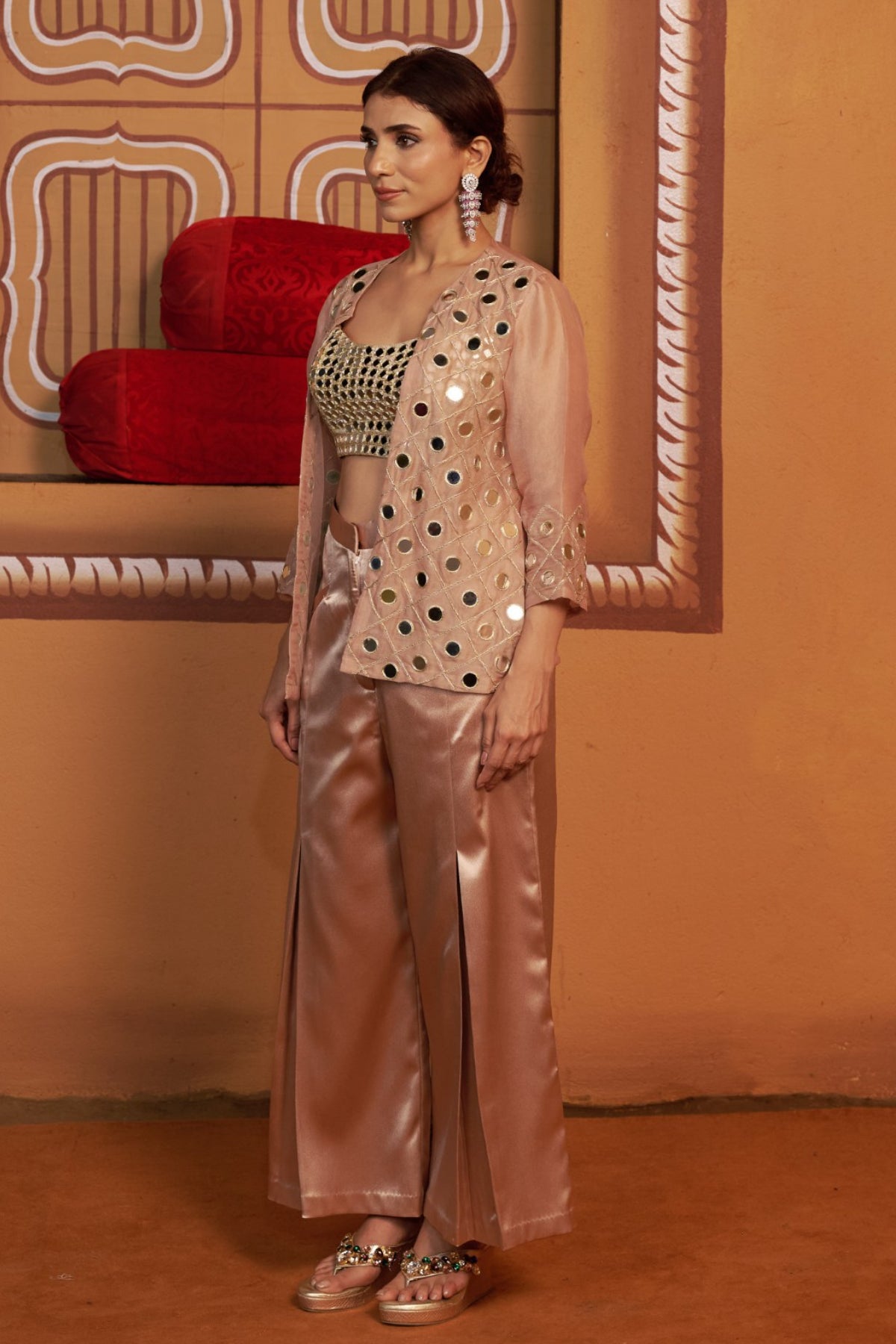Aabhran Mirror Work Embroidered Jacket With Pleated Pant Set