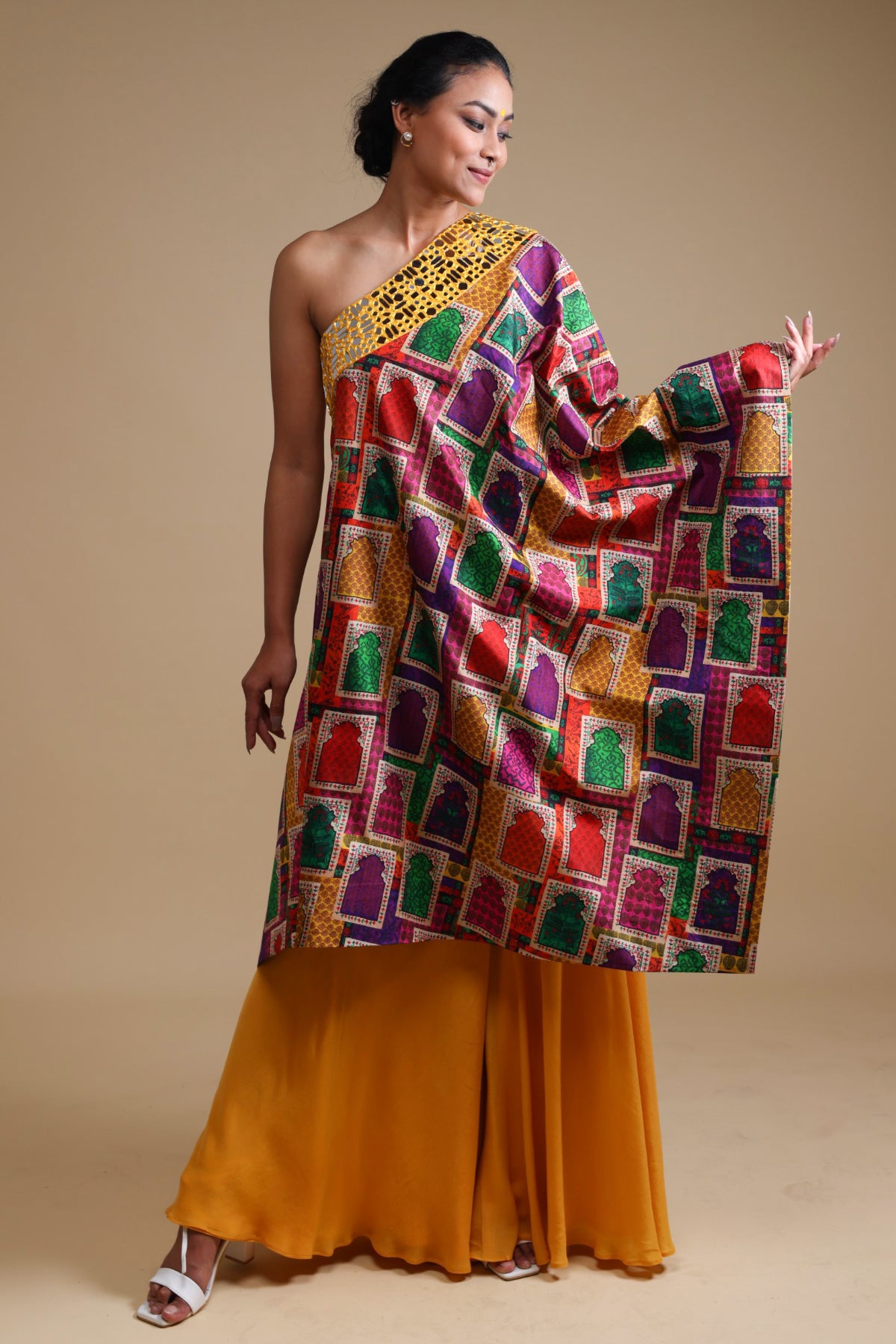 Hand-Embroidered Yellow Off-Shoulder Mirror Work Kurta with Sharara
