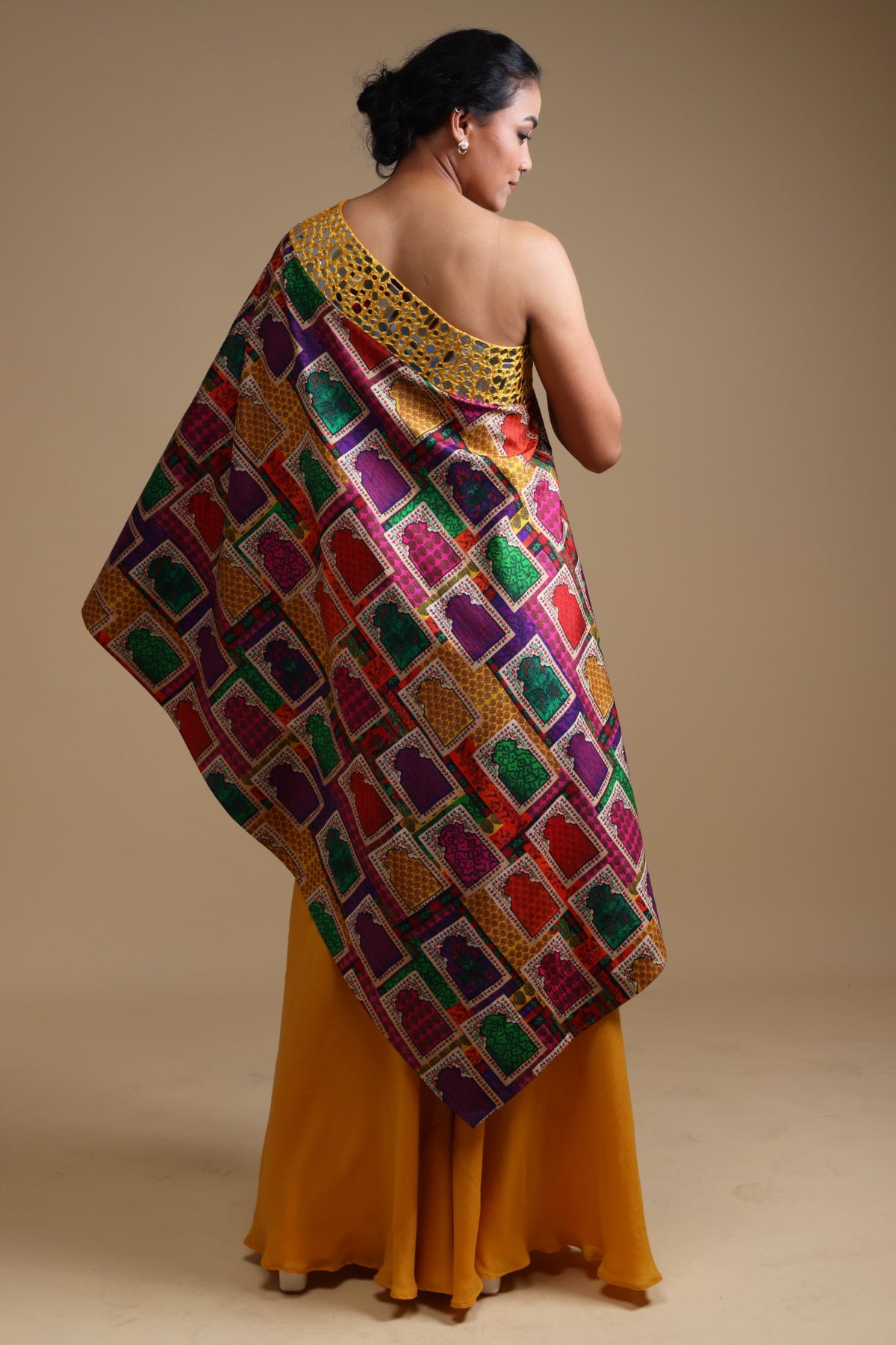 Hand-Embroidered Yellow Off-Shoulder Mirror Work Kurta with Sharara
