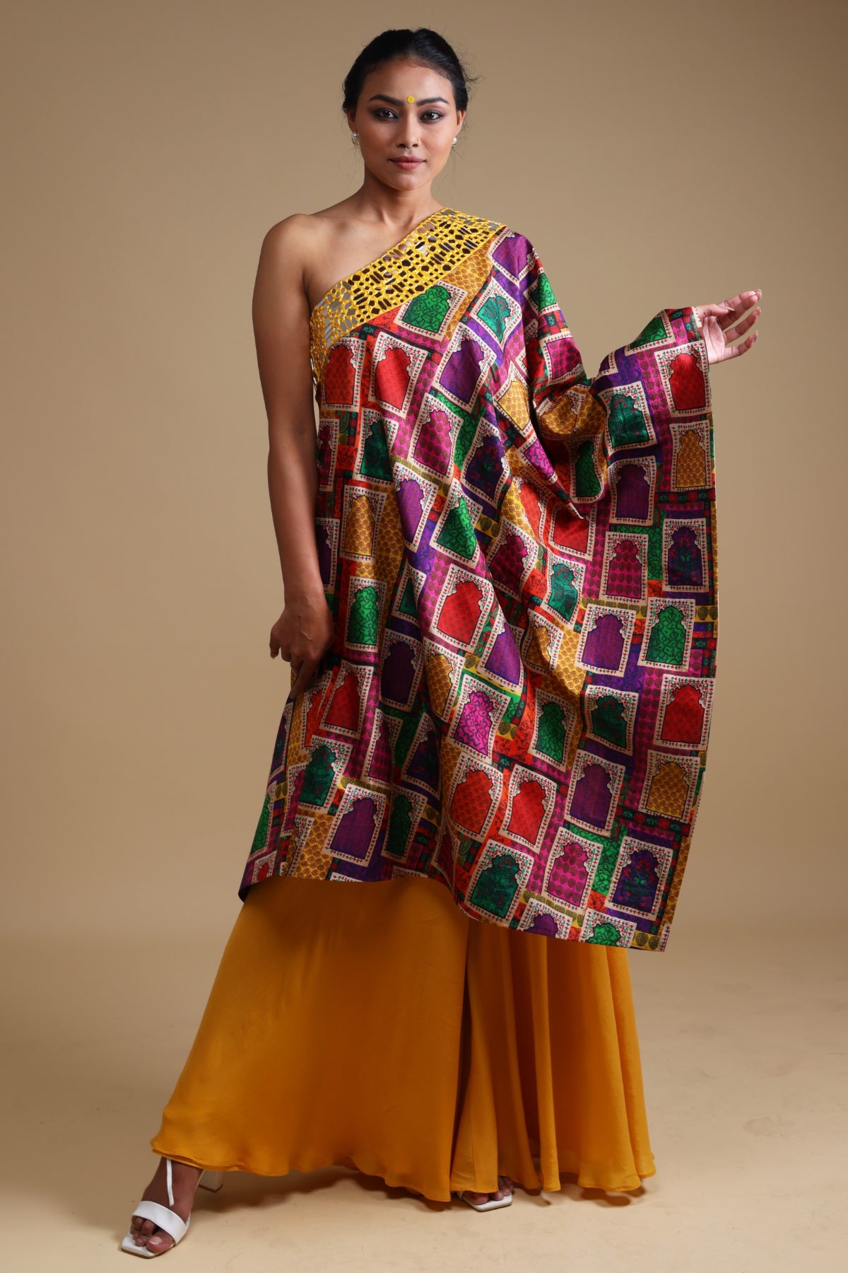 Hand-Embroidered Yellow Off-Shoulder Mirror Work Kurta with Sharara