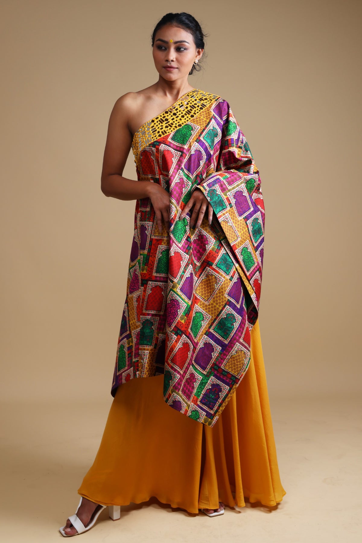 Hand-Embroidered Yellow Off-Shoulder Mirror Work Kurta with Sharara