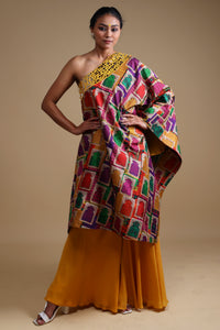 Hand-Embroidered Yellow Off-Shoulder Mirror Work Kurta with Sharara