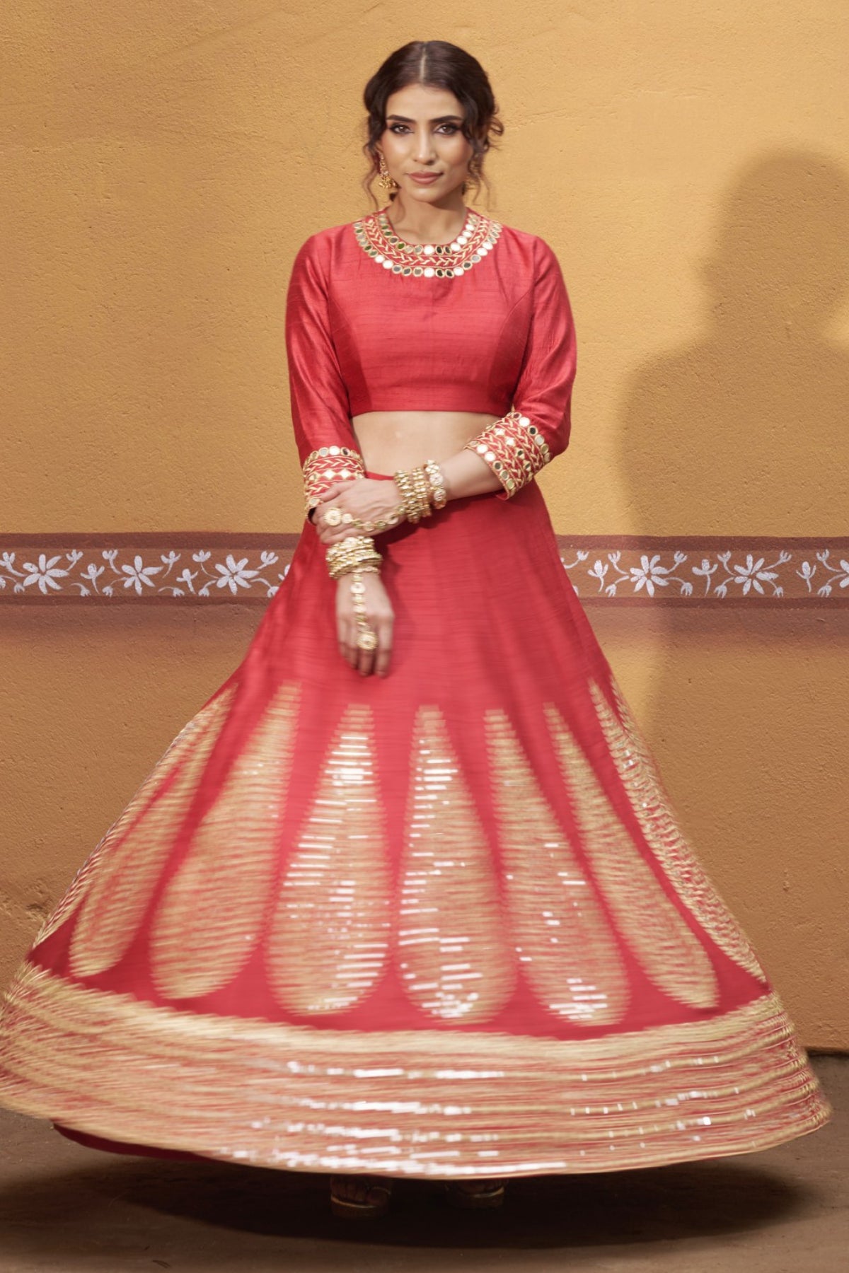 Agni - Red Mirror Work Embroidered Kalidar Lehenga Set