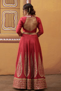 Agni - Red Mirror Work Embroidered Kalidar Lehenga Set