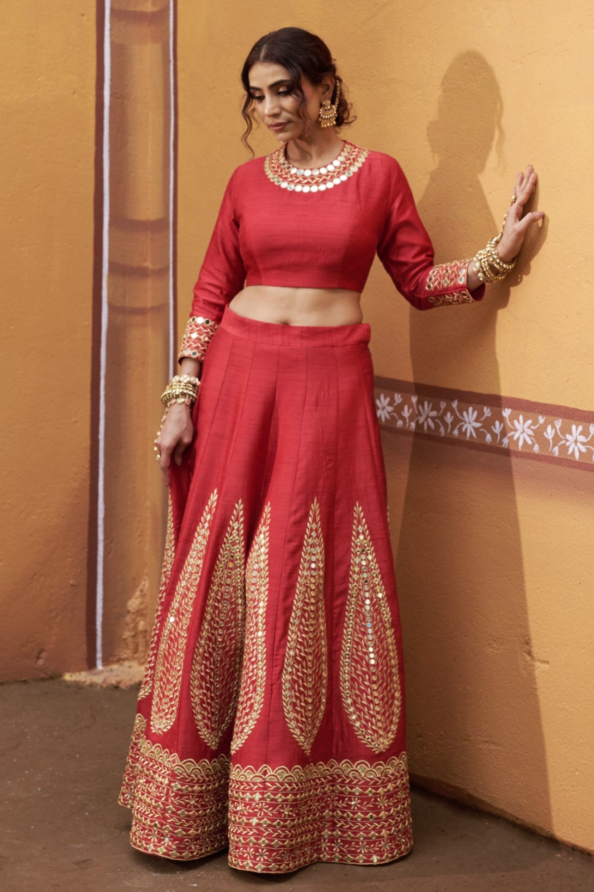 Agni - Red Mirror Work Embroidered Kalidar Lehenga Set