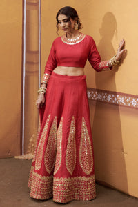 Agni - Red Mirror Work Embroidered Kalidar Lehenga Set