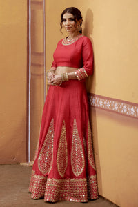 Agni - Red Mirror Work Embroidered Kalidar Lehenga Set