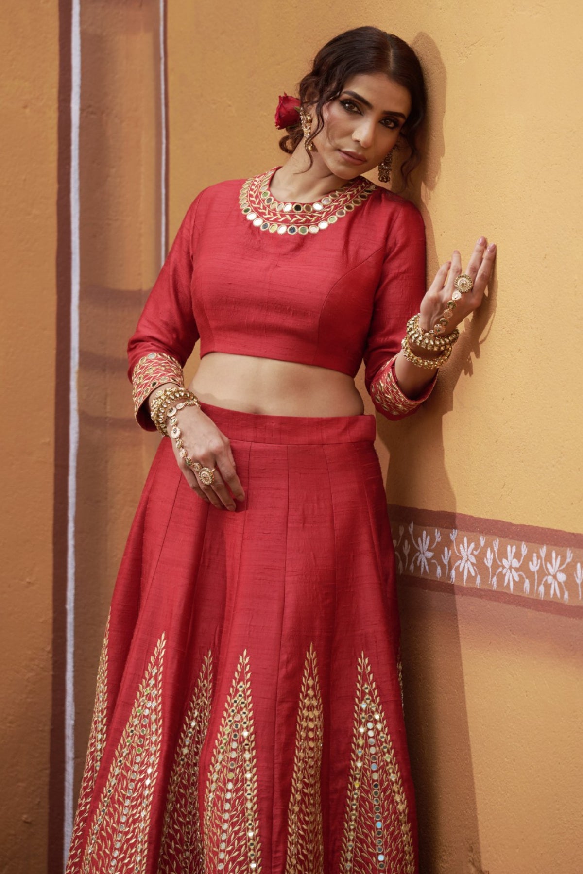 Agni - Red Mirror Work Embroidered Kalidar Lehenga Set