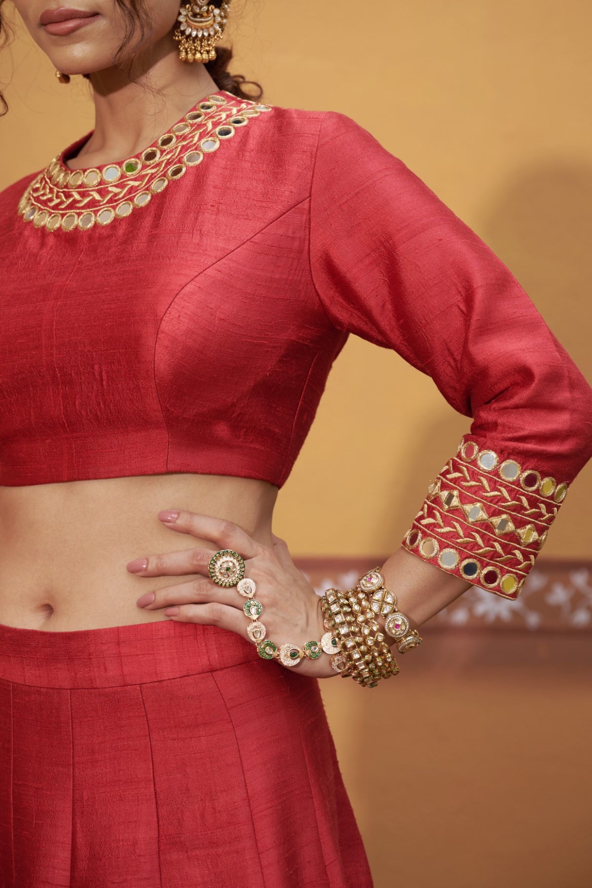 Agni - Red Mirror Work Embroidered Kalidar Lehenga Set