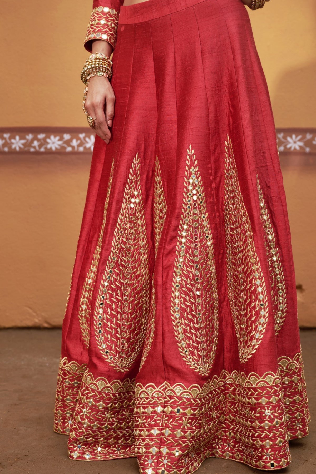 Agni - Red Mirror Work Embroidered Kalidar Lehenga Set