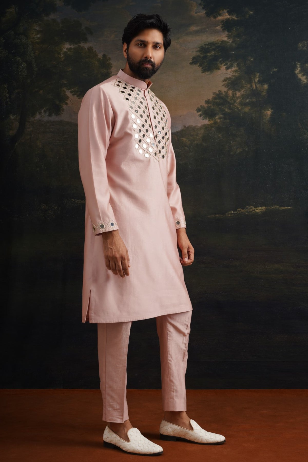 Agrah Burnt Pink Hand Embroidered Mirror Work Kurta With Matching Pyjama
