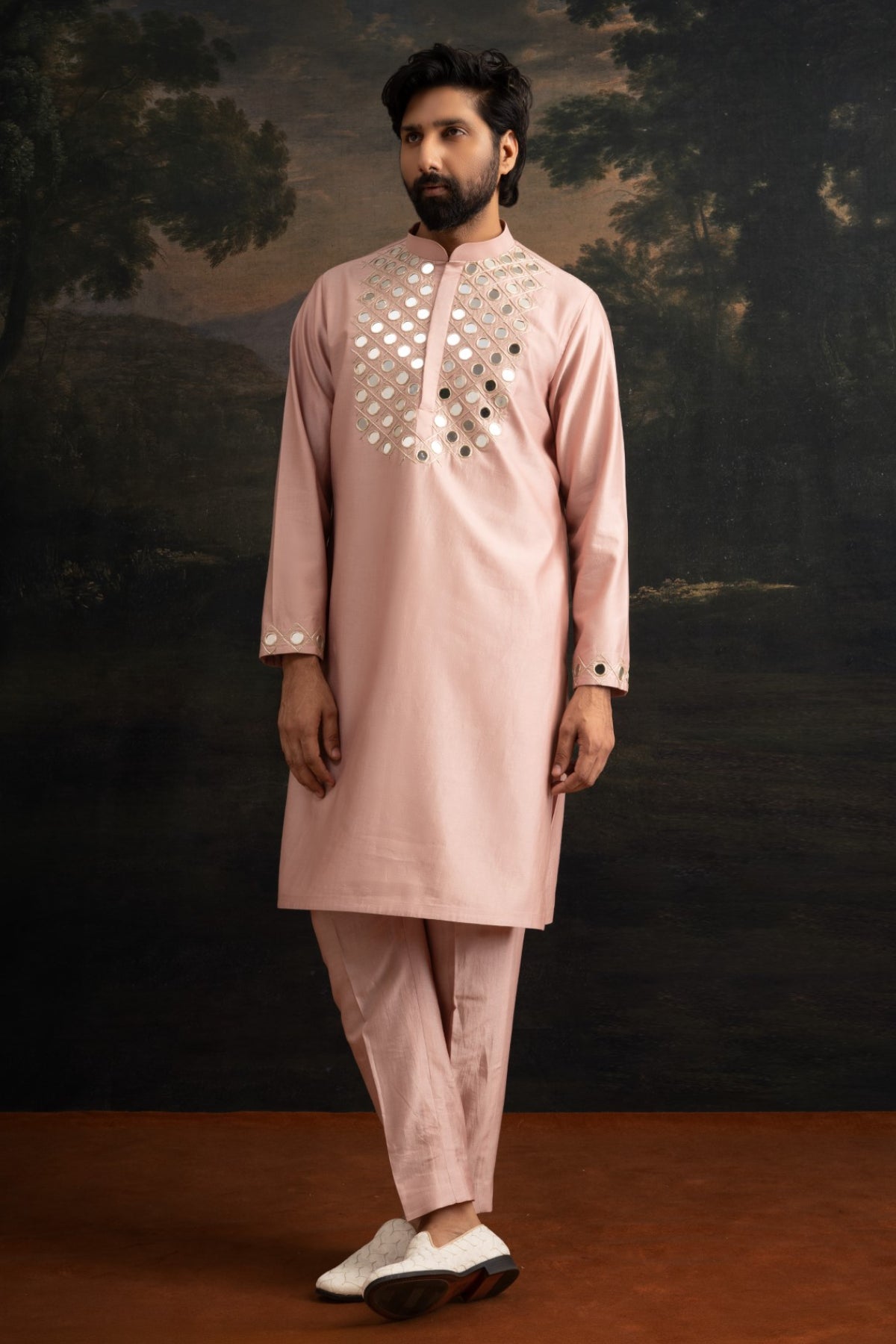Agrah Burnt Pink Hand Embroidered Mirror Work Kurta With Matching Pyjama