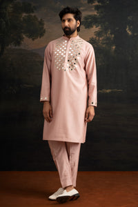 Agrah Burnt Pink Hand Embroidered Mirror Work Kurta With Matching Pyjama