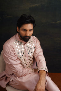 Agrah Burnt Pink Hand Embroidered Mirror Work Kurta With Matching Pyjama