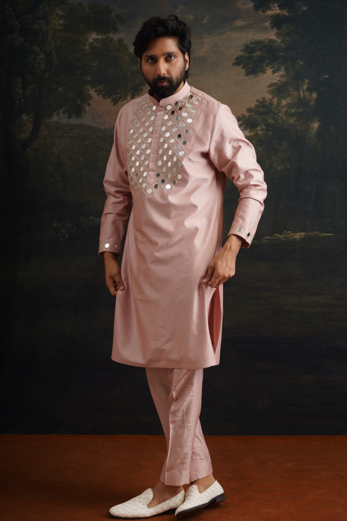 Agrah Burnt Pink Hand Embroidered Mirror Work Kurta With Matching Pyjama