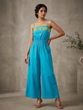 Celeste - Blue Hand-Embroidered Cotton Poplin Jumpsuit