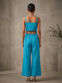 Celeste - Blue Hand-Embroidered Cotton Poplin Jumpsuit