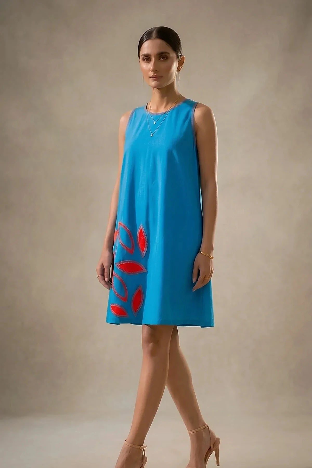 Amara -Teal Blue Hand-Embellished Floral Appliqué Cotton Poplin Dress