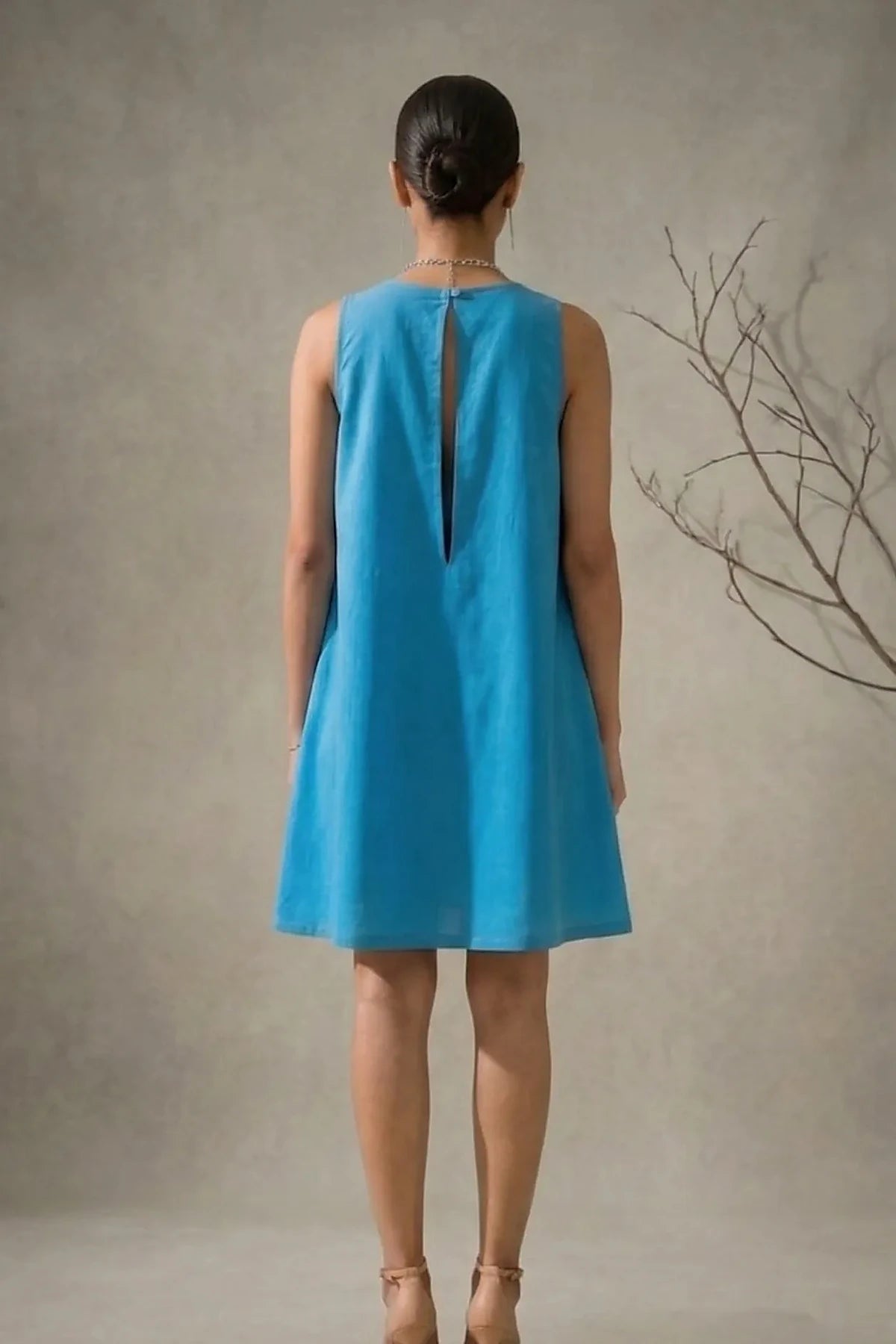 Amara -Teal Blue Hand-Embellished Floral Appliqué Cotton Poplin Dress