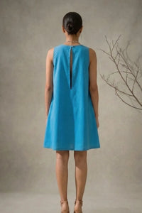Amara -Teal Blue Hand-Embellished Floral Appliqué Cotton Poplin Dress