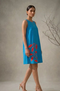 Amara -Teal Blue Hand-Embellished Floral Appliqué Cotton Poplin Dress