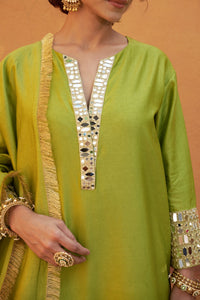 Aranya Green Chanderi Silk Mirror Work Kurta Set