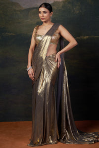 Hemali - Gold Heavy Hand-Embroidered Blouse With Pre-Draped Saree