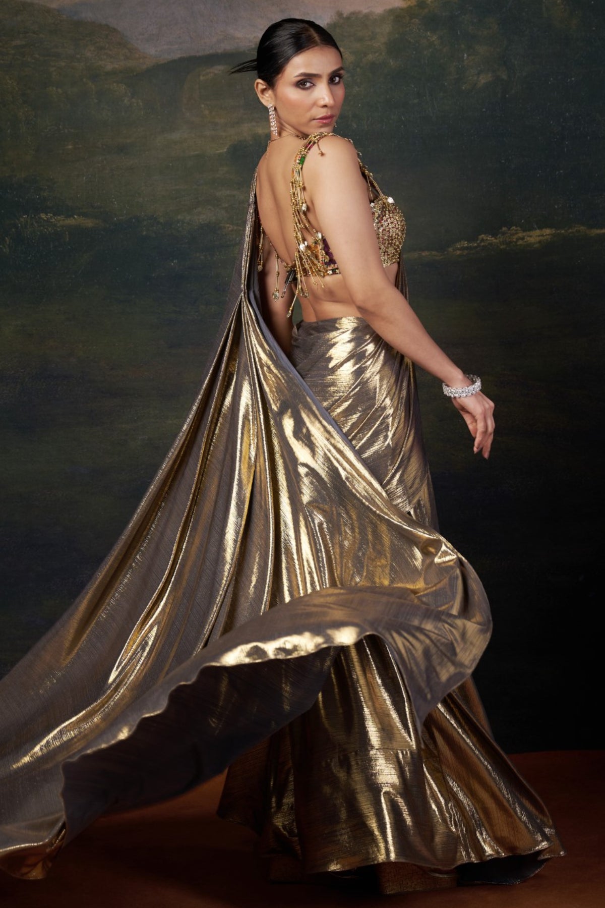 Hemali - Gold Heavy Hand-Embroidered Blouse With Pre-Draped Saree