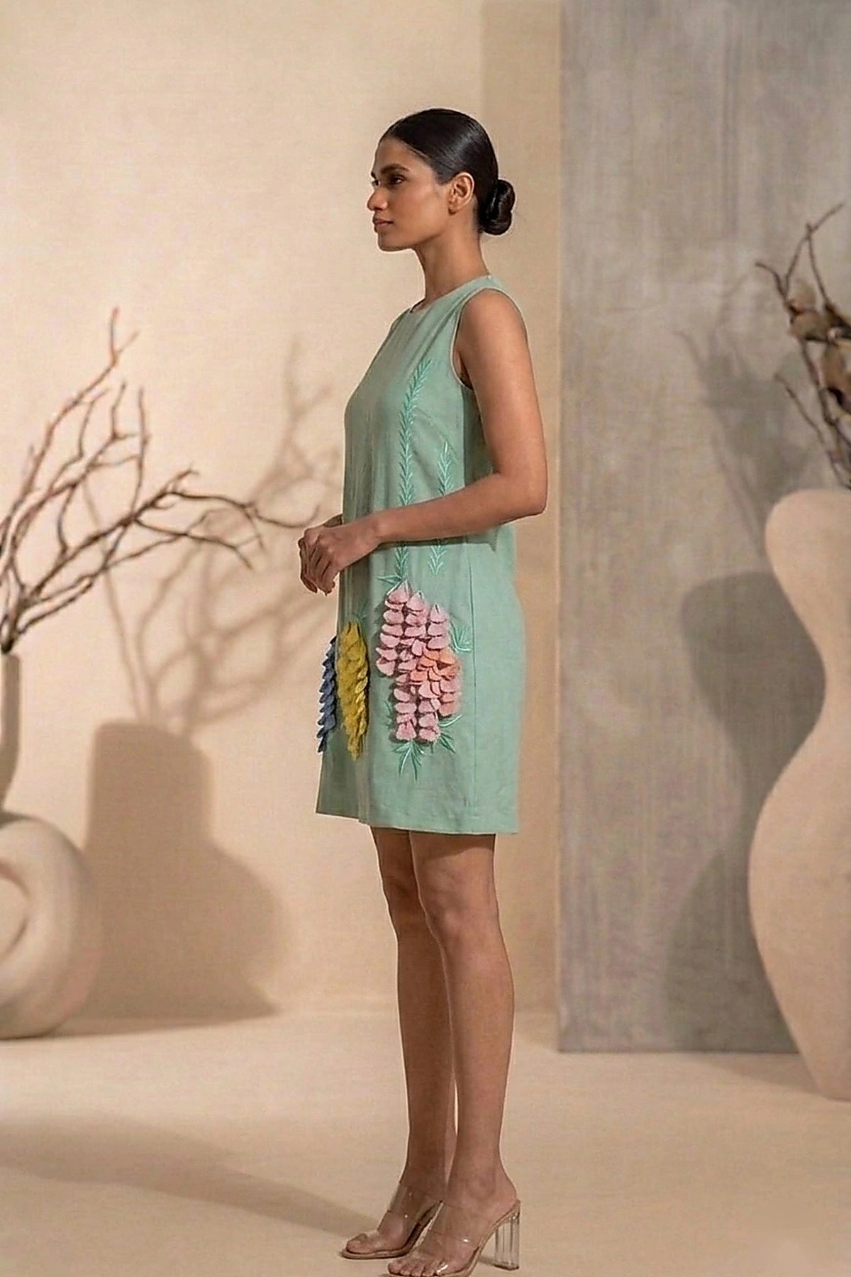 Aveline - Sage Green Hand-Embellished Floral Appliqué Chanderi Cotton Tunic Dress