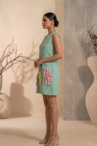 Aveline - Sage Green Hand-Embellished Floral Appliqué Chanderi Cotton Tunic Dress