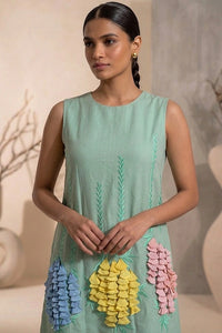 Aveline - Sage Green Hand-Embellished Floral Appliqué Chanderi Cotton Tunic Dress