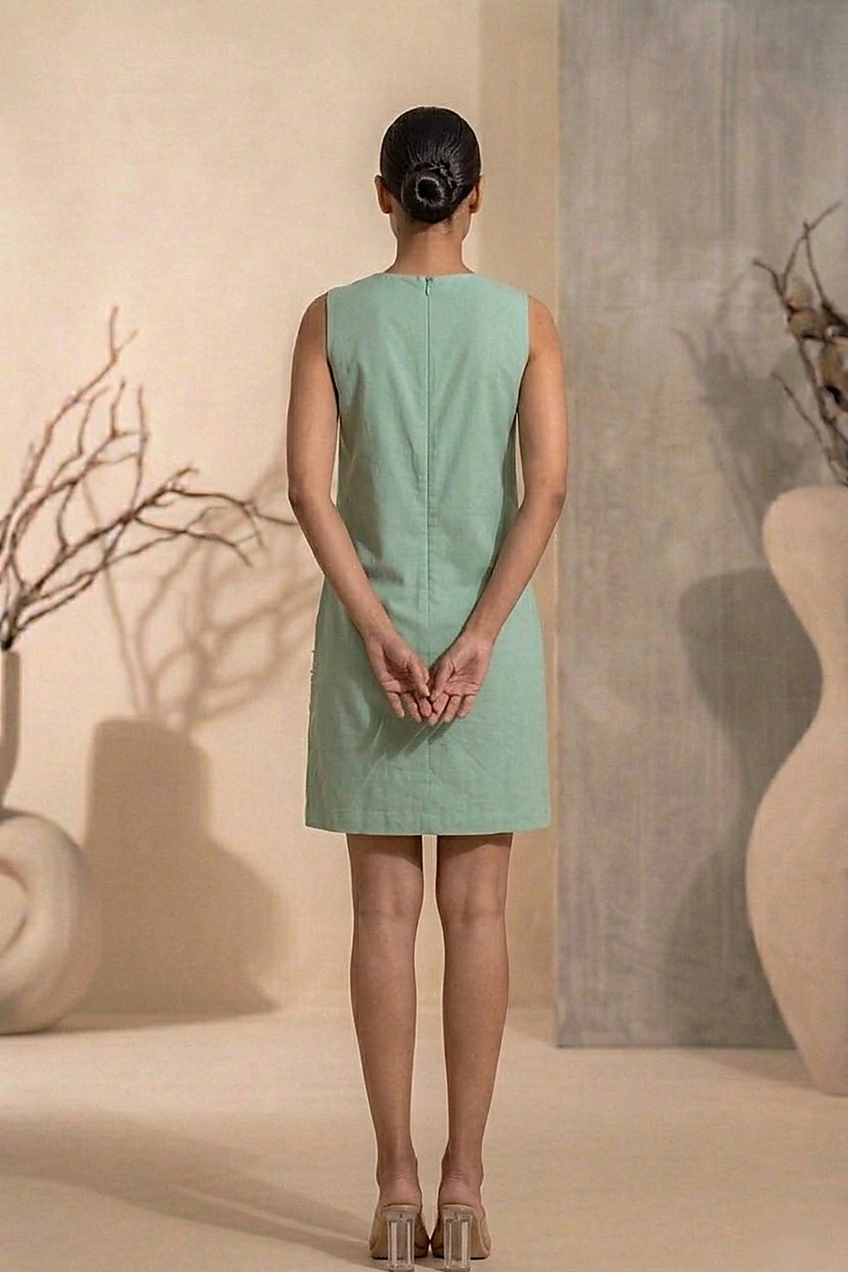 Aveline - Sage Green Hand-Embellished Floral Appliqué Chanderi Cotton Tunic Dress