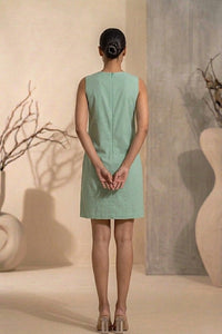 Aveline - Sage Green Hand-Embellished Floral Appliqué Chanderi Cotton Tunic Dress