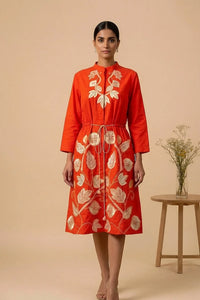 Iraaya — Hand-Embroidered Cotton Satin Vermilion Dress