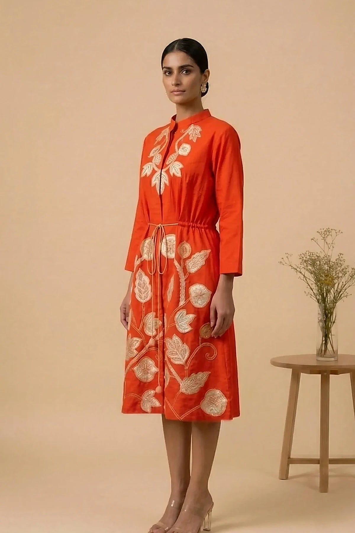 Iraaya — Hand-Embroidered Cotton Satin Vermilion Dress