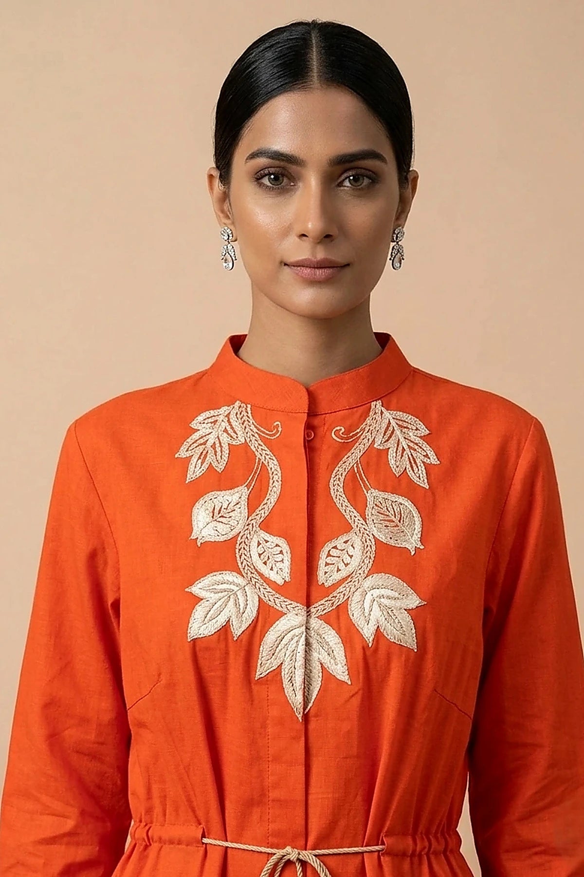 Iraaya — Hand-Embroidered Cotton Satin Vermilion Dress