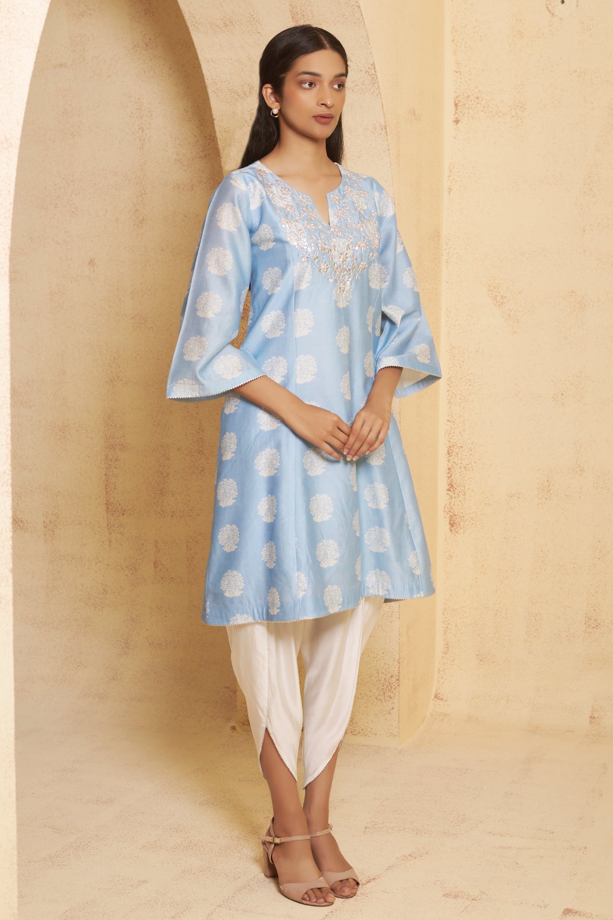 Baagh - Blue Hand-Embroidered Short Anarkali With Tulip Pant Set
